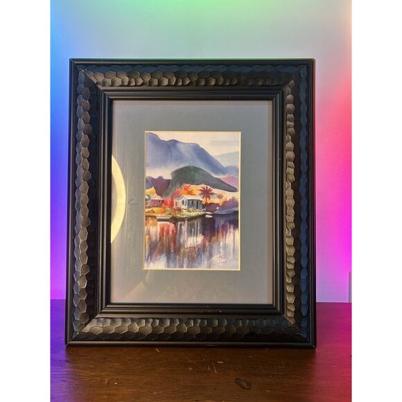 Beautiful Original Mountain Watercolor Painting in Heavy Black Decorative Frame